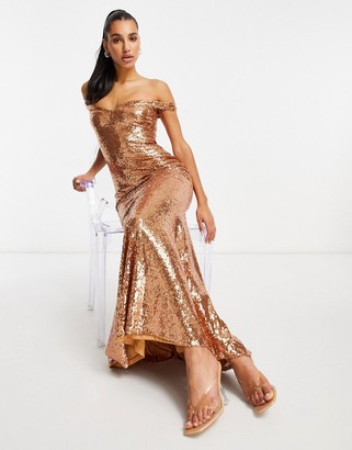 Club L London Club L bardot sequin maxi dress with fishtail in rosegold -  ShopStyle