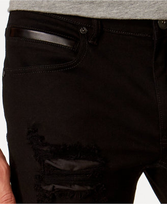 INC International Concepts Men's Slim Fit Ripped Black Wash Faux Leather Trim Jeans, Only at Macy's