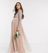Thumbnail for your product : Maya Maternity Bridesmaid long sleeve maxi tulle dress with tonal delicate sequin overlay in taupe blush