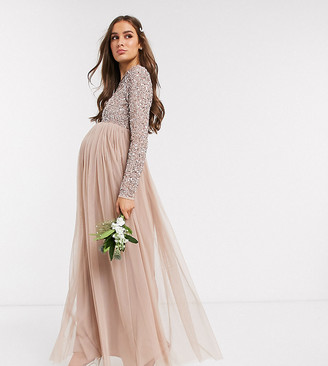 Maya Maternity Bridesmaid long sleeve maxi tulle dress with tonal delicate sequin overlay in taupe blush