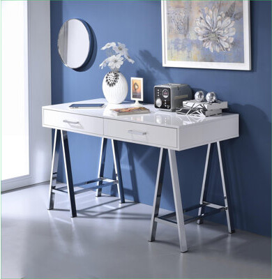 Ivy Bronx Desks Modern White High-Gloss Writing Desk with USB & Storage Drawers | Chrome | White