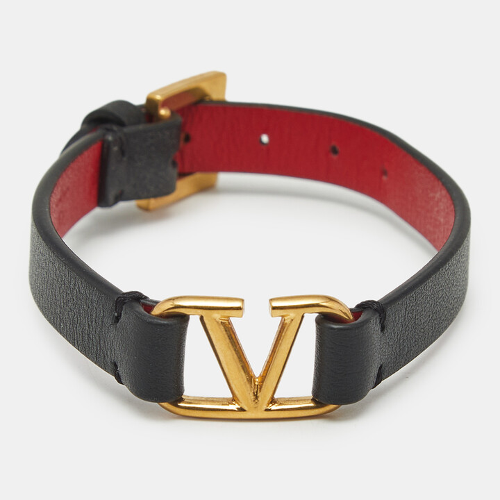 Valentino VLogo Leather Gold Tone Bracelet
