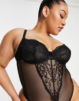 Thumbnail for your product : Ivory Rose Lingerie Ivory Rose Curve lace underwired mesh thong bodysuit in black