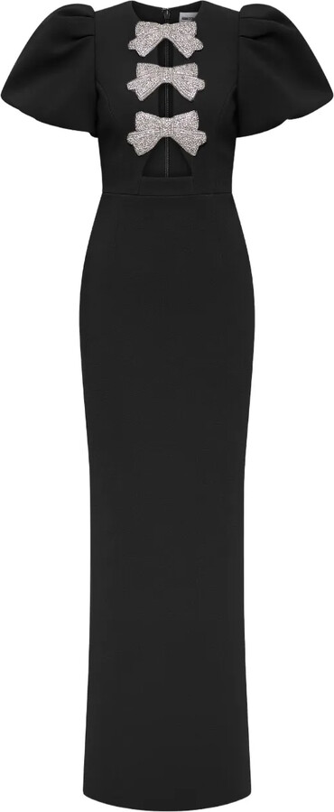 Rebecca Vallance Puff-Sleeves Bow-Embellished Maxi Evening Dress
