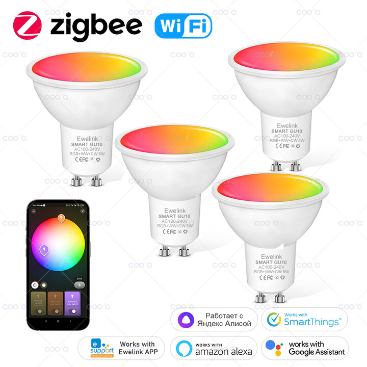 coolo Ewelink GU10 Zigbee LED Bulbs Wifi Smart LED Light Bulb RGB CW WW Dimmable Spotlight Works With Alexa Google Yandex Smartthings