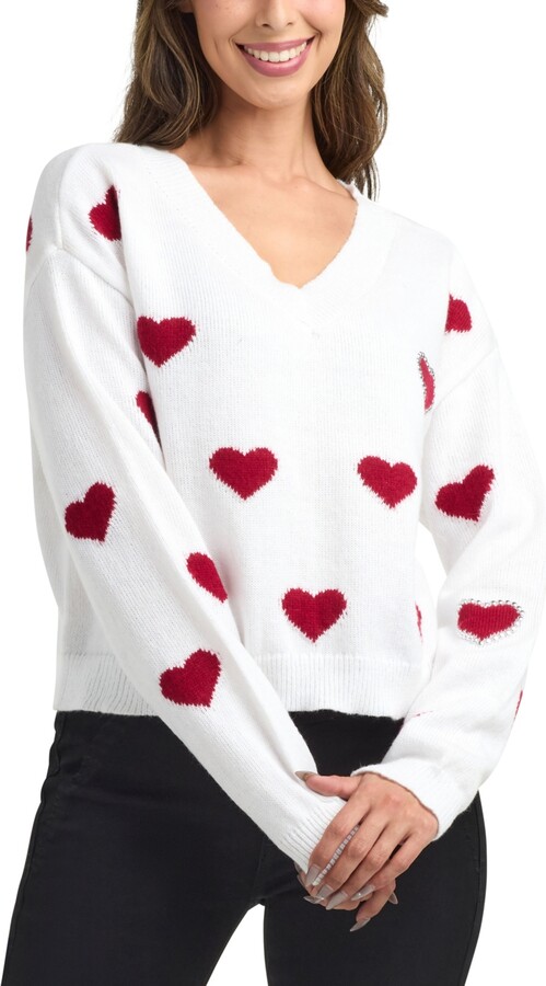 BCX Women's V-Neck Pull-On Heart Sweater