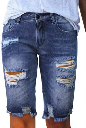 HOTAPEI Women Ladies Cotton Shorts Knee Length Jean Pants Slim Fit Summer  Ripped Hole Capri Pants Blue Size 6 8 - ShopStyle