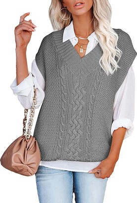Vertvie Women Sweater Vest V-Neck Knitted Sleeveless Jumper Pullover Solid  Color Loose Rib Hem Tank Top( - ShopStyle Knitwear