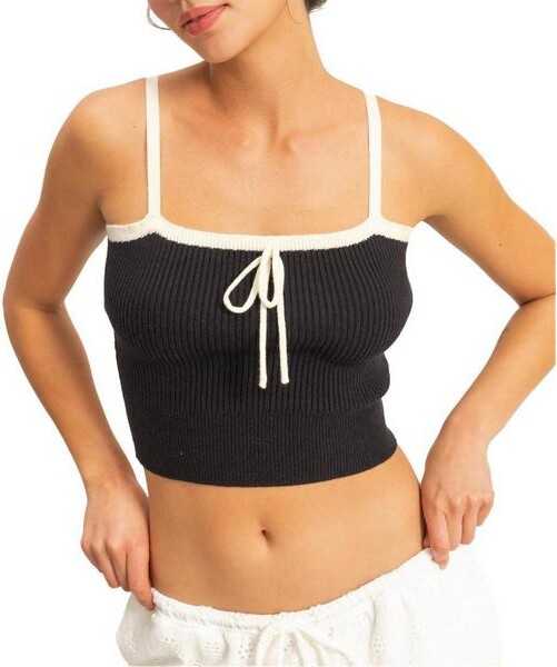 Double Zero Women's Tie Front Rib Square Neck Tank Top Medium Black