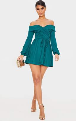 PrettyLittleThing Emerald Green Long Sleeve Wrap Bardot Skater Dress