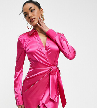 AsYou satin wrap shirt mini dress in pink - ShopStyle