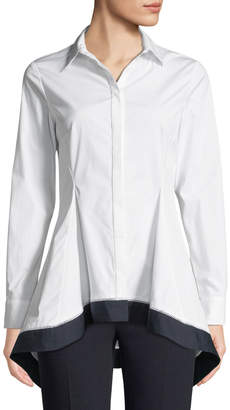 Lela Rose Flared-Hem Long-Sleeve Button-Front Shirt