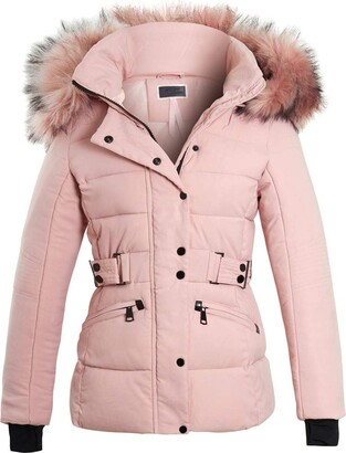 SS7 Womens Puffer Parka Faux Fur Coat Pink