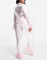Thumbnail for your product : NIGHT Maternity satin pyjamas with detachable faux feather trim in cream and pink spot