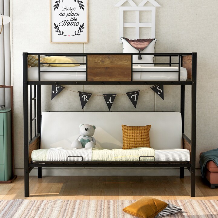 TwinOverFuton Bunk Bed, Metal Futon Bunk Bed Frame with Guardrails