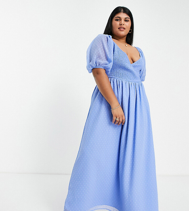 ASOS Curve ASOS DESIGN Curve dobby shirred wrap maxi dress in blue