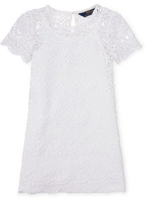 Ralph Lauren Short-Sleeve Chemical Lace Shift Dress, White, Size 2-6X