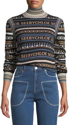 See by Chloe Striped Logo Turtleneck Pullover Sweater
