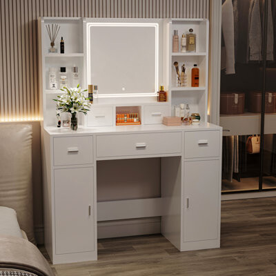 Vanity Desk, The White Vanity With LED Mirror Is Equipped With A Hair Dryer Rack, And The Vanity In The Bedroom And Dressing Room Is Equipped With A D