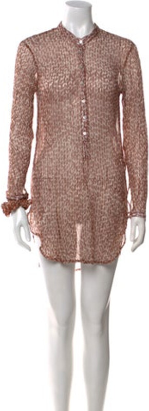 CLOE CASSANDRO Silk Shirtdress Brown Printed Pleated, Ruffle & Embroidered Accents Long Sleeve with Mock Neck Button Closure at Front