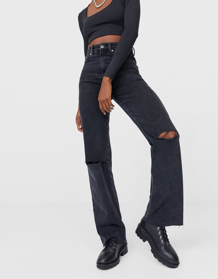 Stradivarius Black Straight Leg Ripped Jeans Ripped Jeans