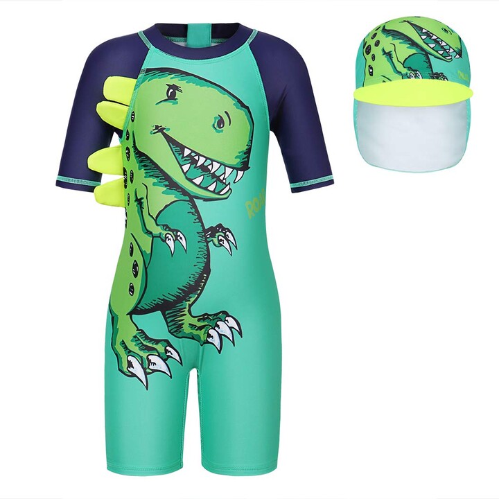 WonderBabe Kids Boys Dinosaurs Swimsuit One Piece Rash Guard Bathing Suit with Swimming Hat UPF