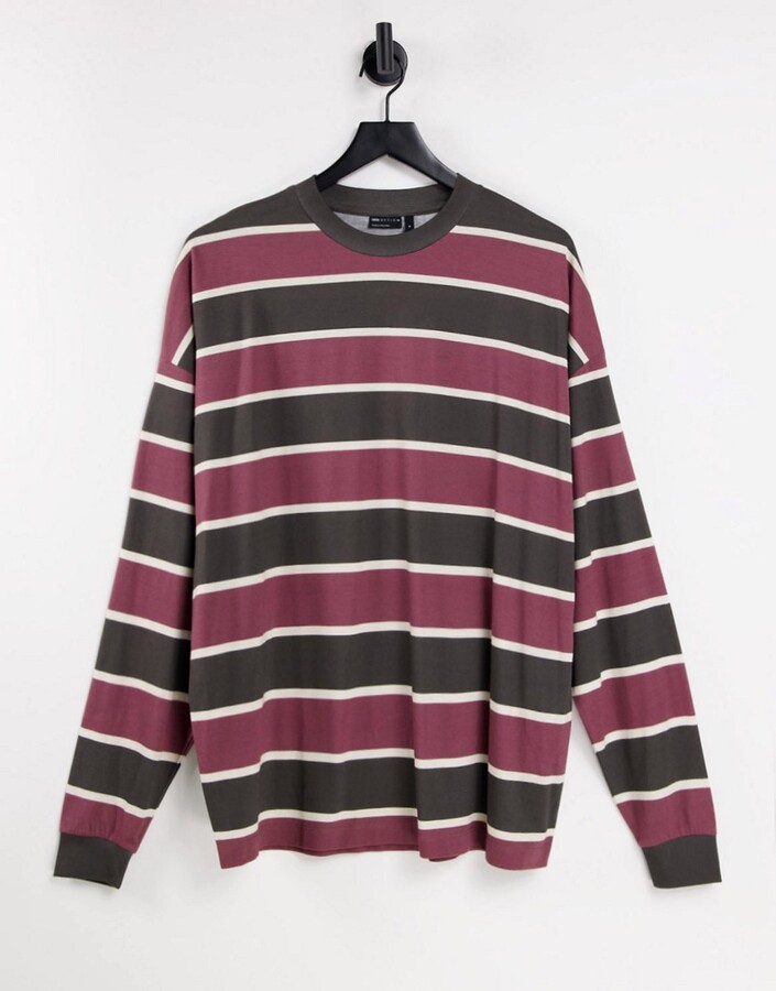 ASOS DESIGN oversized long sleeve stripe t-shirt in burgundy & black -  ShopStyle