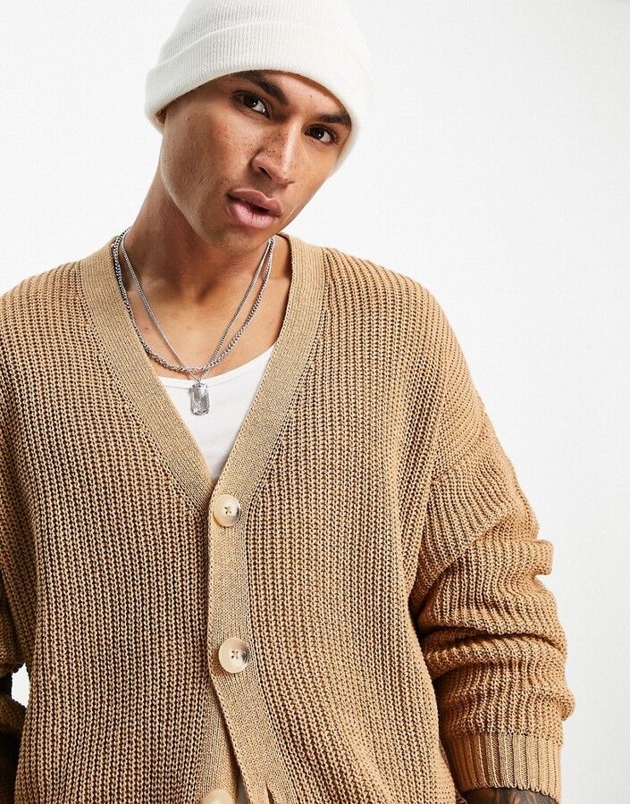 ASOS DESIGN knitted oversized fisherman rib cardigan in camel