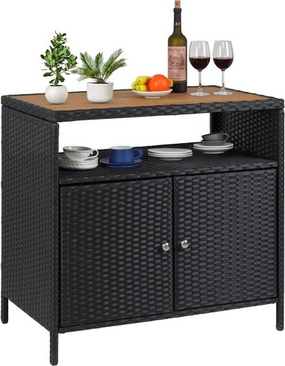 GustoWavePatioWickerStorageCabinetOutdoorWaterproofBuffetCabinetPatioBarTablewithTwoDoorsandShelvesWickerSideboardBrown