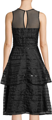 Parker Black Avril Sleeveless Sequin-Stripe Tiered Midi Cocktail Dress