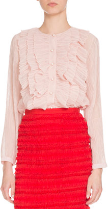 Givenchy Long-Sleeve Ruffled Georgette Blouse, Light Pink