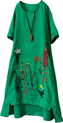 Mallimoda Women's Summer A-Line Embroidered Linen Dress Hi Low Long Tunic Green XX-Large
