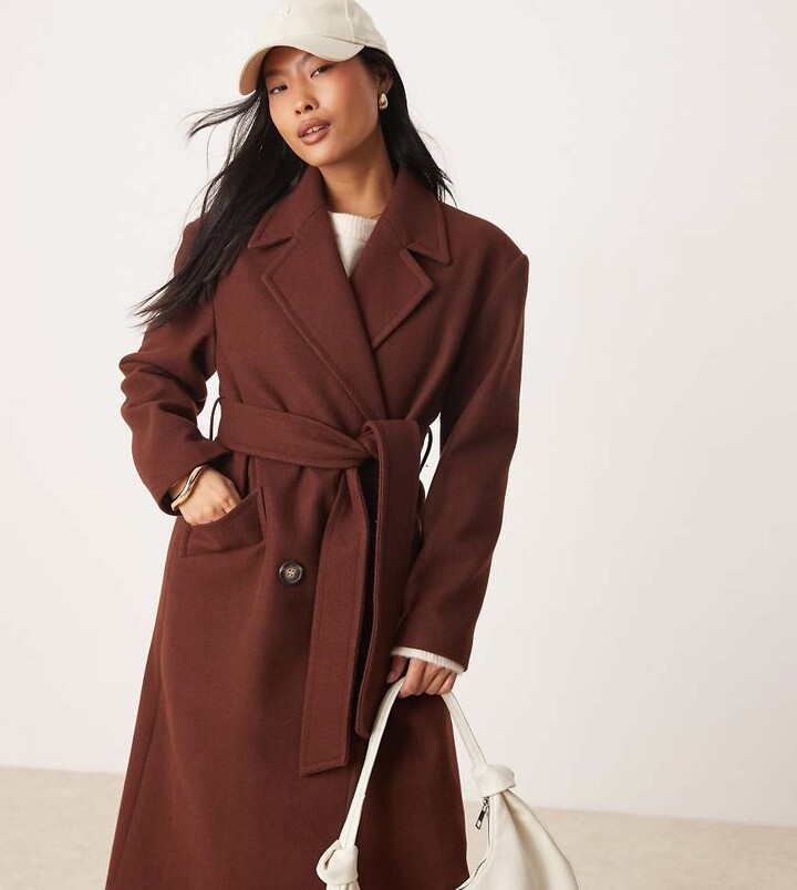 Miss Selfridge Petite belted wrap formal coat in chocolate
