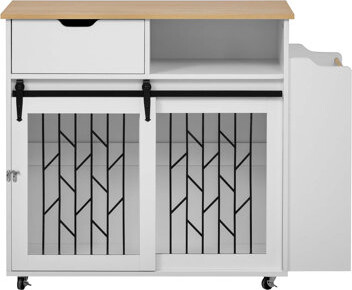 2 IN 1 Modern Dog Crate Kitchen Island With Storage For Small-Medium Dogs, Cream Furniture End Table With Wheels