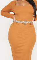 Thumbnail for your product : PrettyLittleThing Plus Chocolate Brown Ribbed Square Neck Long Sleeve Midi Dress