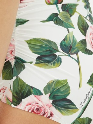 Dolce & Gabbana Halterneck Ruched Rose-print Swimsuit - White Print