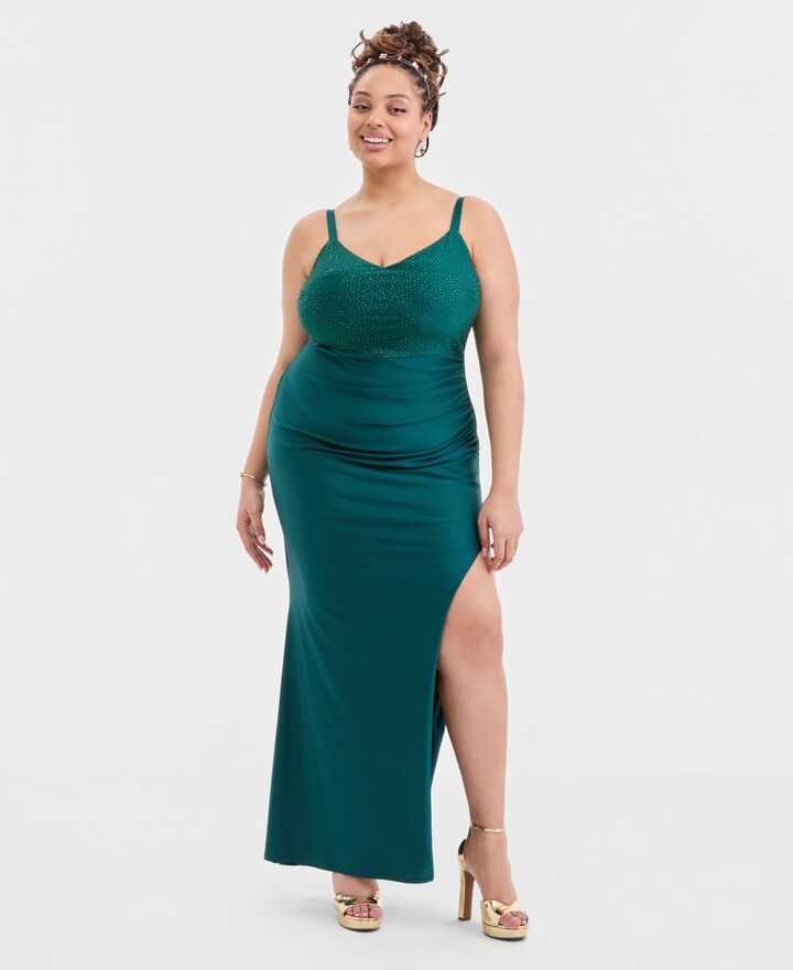 City Studios Trendy Plus Size Beaded-Top Side-Slit Gown