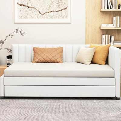 Latitude Run Twin Size Daybed With Trundle Upholstered In Beige Linen Box Spring Not Demanded Classic No Spring User-