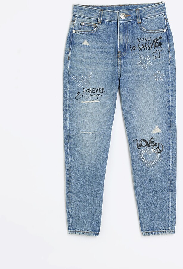 Denim Graffiti Mom Jeans Kind Society River Island Girls Blue
