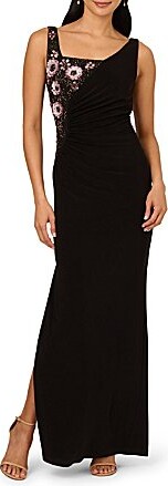 Asymmetrical Neck Sleeveless Floral Beading Side Ruched Jersey Column Gown