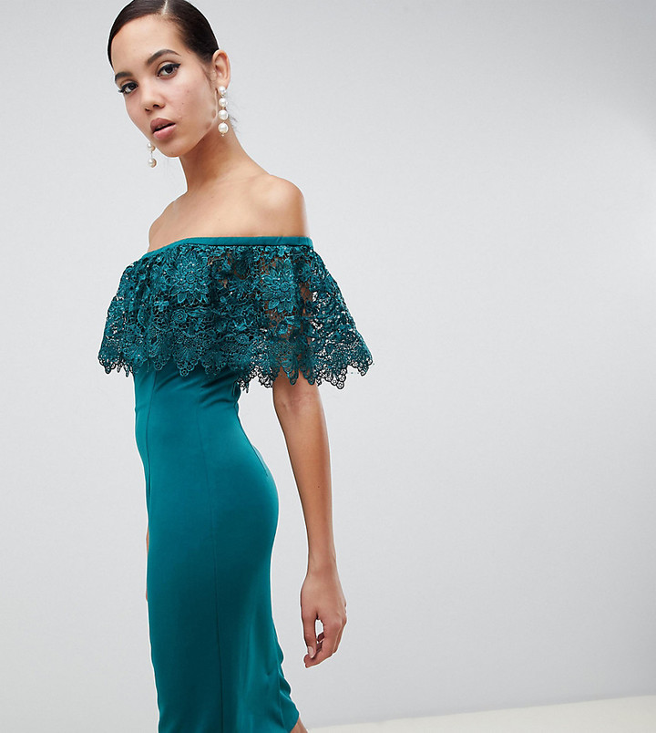 Paper Dolls Tall lace overlay bardot pencil dress in green ShopStyle