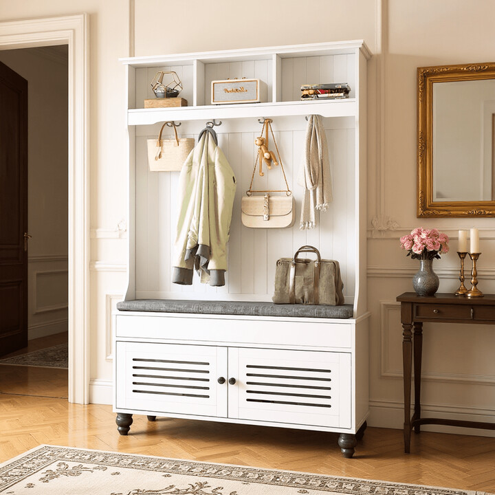 Homy Casa Entryway Hall Tree with Storage, Coat Rack, Bench, Shoe Organizer & Hooks, White