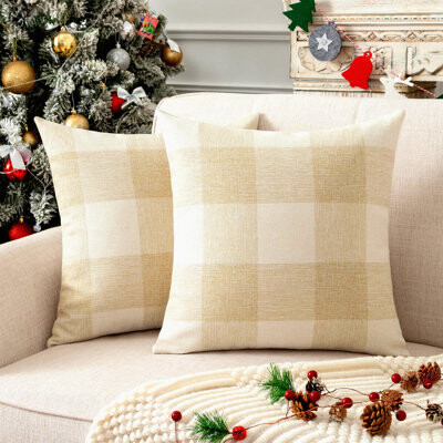 BRBCA Farmhouse Plaid Checkers Linen Pillow Covers - Set of 2, Soft Cotton Cushion Cases for Bedroom Decor, Beige White - Retro Style
