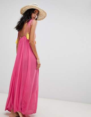 ASOS Design DESIGN embroidered pom pom trim halter maxi beach dress