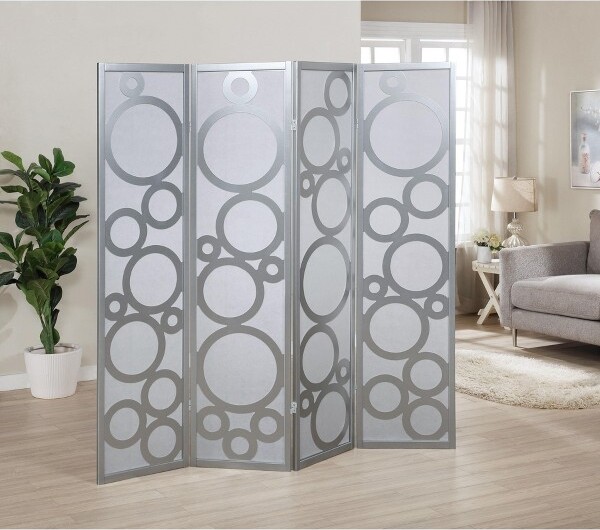 Roundhill Furniture Arvada4-PanelWoodRoomDividerwithCirclePatternSilver