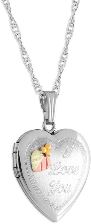 Black Hills Gold I Love You" Heart Locket Pendant 18" Necklace in Sterling Silver with 12K Rose and Green Gold