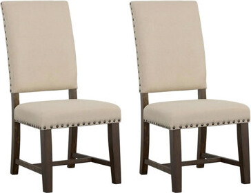 Red Barrel Studio Of 2 Beige Fabric Dining Chairs With Bronze Nailhead Trimmed  Solid Rubberwood Frame Comfortable Foam Padding - Upholstered Decoration On Seat Struc