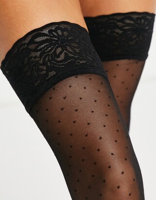 Hunkemoller spot lace top stockings with back seam in black