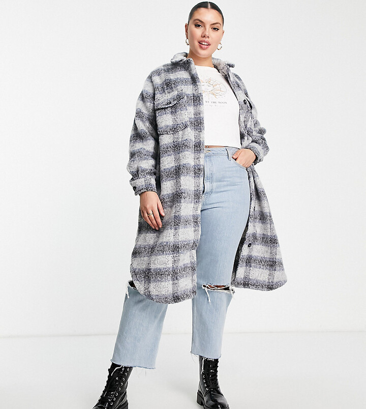 New Look Plus New Look Curve brushed midi shacket in blue check - ShopStyle  Jackets