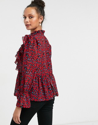 New Look neck detail ruffle blouse in red animal print